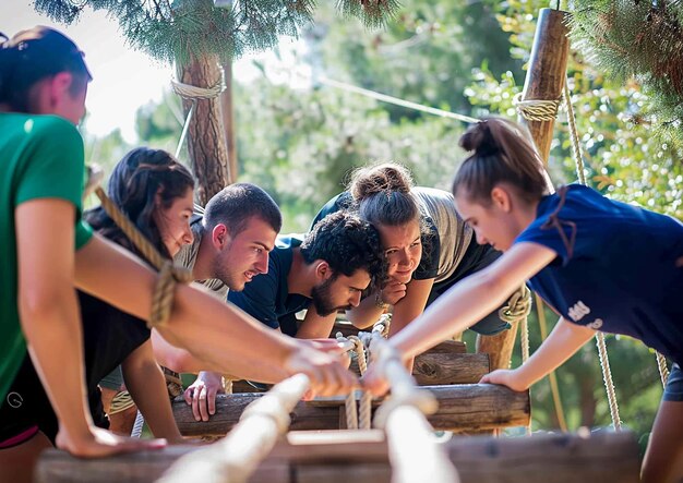 Foto eine gruppe von leuten arbeitet an einem bambusflot
