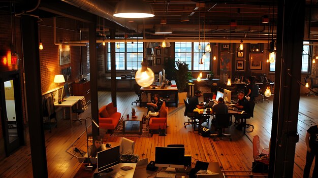 Eine Gruppe von Leuten arbeitet in einem kreativen Büroraum mit Ziegelsteinwänden, Holzböden und großen Fenstern.