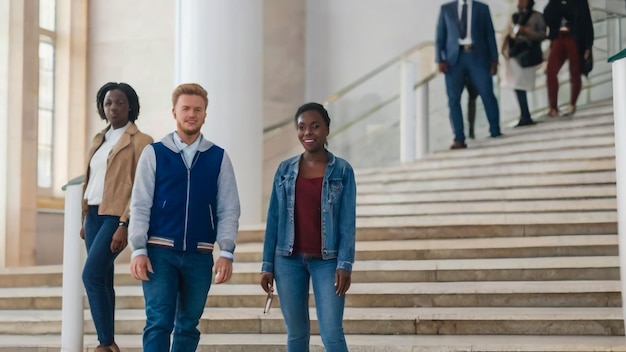 eine Gruppe von Leuten, die eine Treppe hinunterlaufen