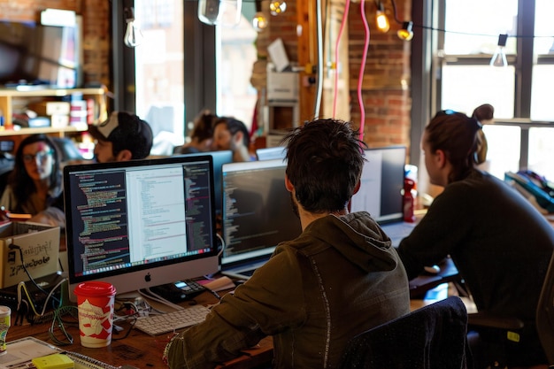 Eine Gruppe von Leuten, die in einem Raum an Computern arbeiten