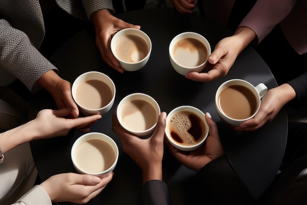 eine Gruppe von Leuten, die zusammen Kaffee trinken und ihre Tassen in den Händen halten