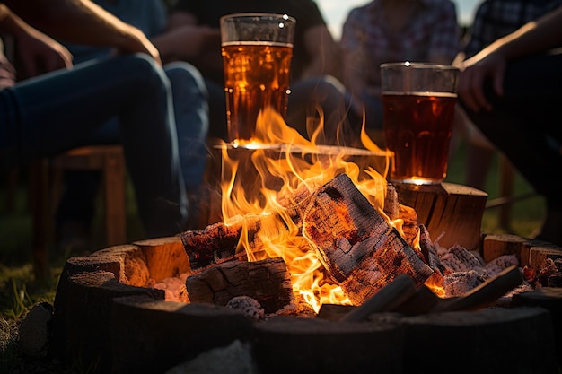 Foto eine gruppe von leuten genießt eistee, während sie um ein lagerfeuer herum sitzen