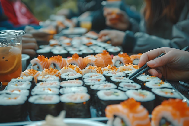 Foto eine gruppe von leuten isst sushi mit stäbchen