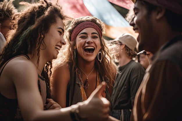 Eine Gruppe von Leuten lacht auf einem Festival