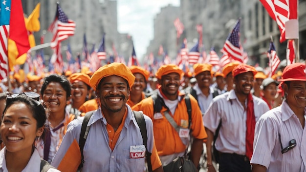 eine Gruppe von Leuten mit amerikanischen Fahnen und Fahnen