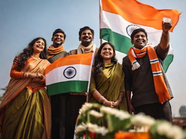 eine Gruppe von Leuten mit einer Flagge, auf der es Indien steht