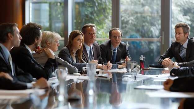 Eine Gruppe von Leuten sitzt an einem Konferenztisch und hat ein Treffen. Sie tragen alle Geschäftsanzüge und sehen ernst aus.