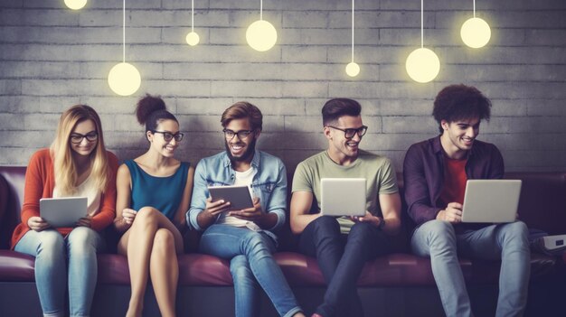 eine Gruppe von Leuten sitzt mit einem Laptop auf einer Couch und ein Mann liest ein Buch