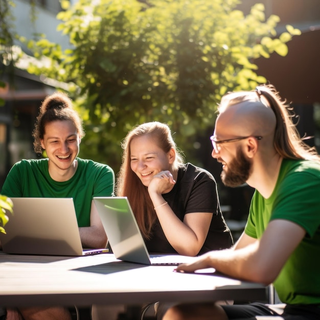 Eine Gruppe von Leuten sitzt mit Laptops um einen Tisch herum und generiert ein Bild