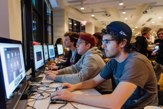 Eine Gruppe von Leuten sitzt vor einem Computermonitor