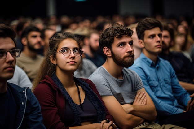 Eine Gruppe von Leuten sitzt vor einer Menschenmenge