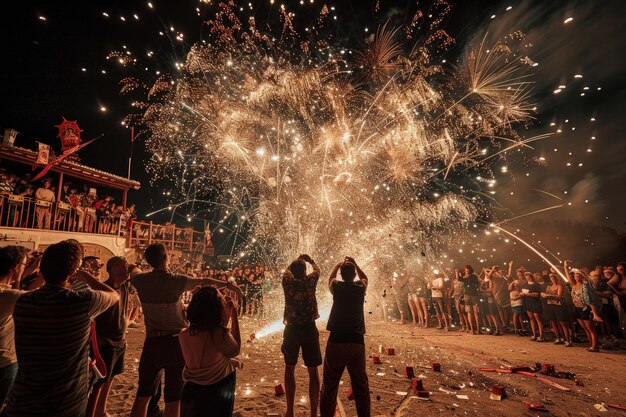 Eine Gruppe von Leuten steht um ein Feuerwerk herum