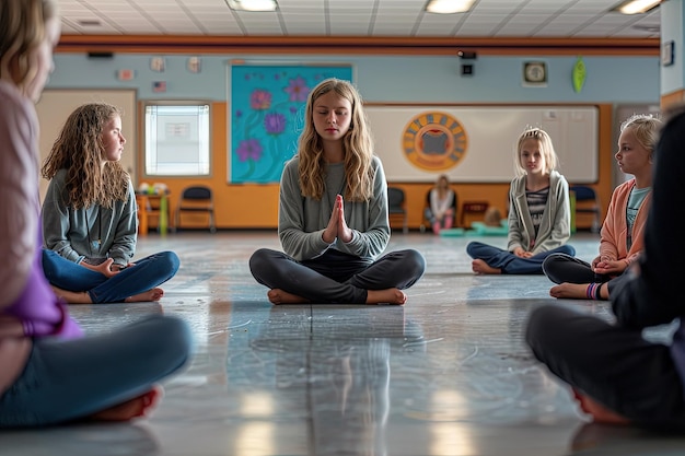 Eine Gruppe von Mädchen sitzt in einem Kreis und macht Yoga