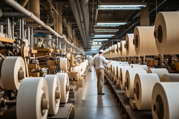 Eine Gruppe von Männern arbeitet an Maschinen in einer Papierfabrik