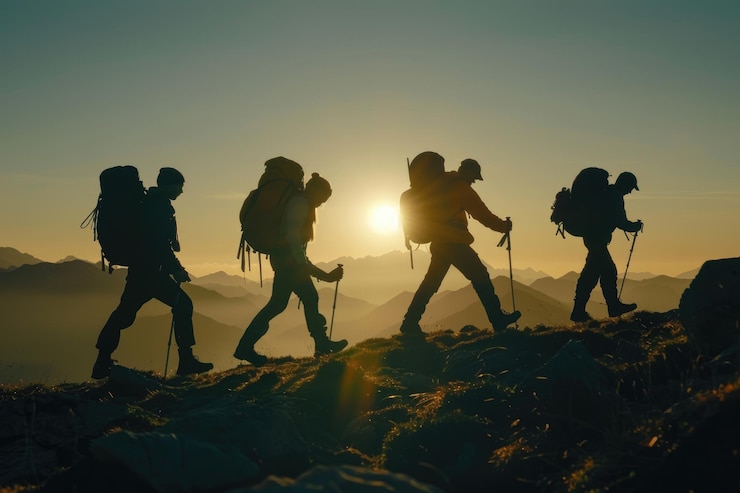 Foto eine gruppe von männern, die einen berg mit der sonne hinter sich hinaufwandern