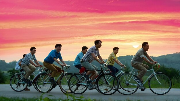 Eine Gruppe von Männern fährt bei Sonnenuntergang mit dem Fahrrad