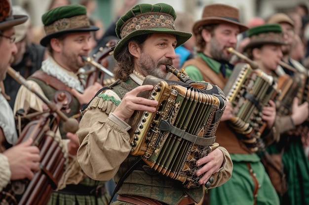 eine Gruppe von Männern in Kostümen, die Musikinstrumente spielen