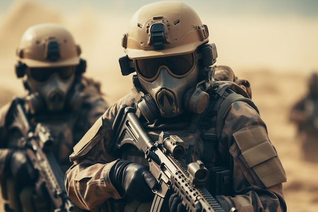 Eine Gruppe von Männern in Militärausrüstung, die durch die Wüsten-KI laufen