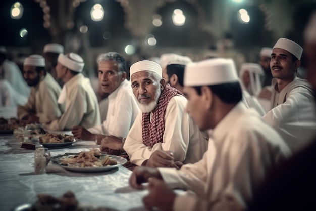 Eine Gruppe von Männern sitzt an einem Tisch in einer Moschee, einer von ihnen isst.