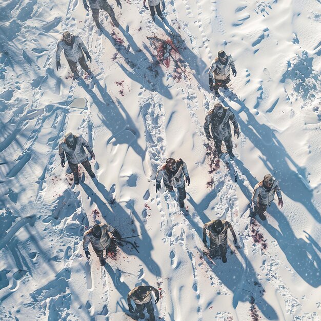 eine Gruppe von Männern steht im Schnee mit einem blutigen, blutigen, blutenden, blutigen Messer