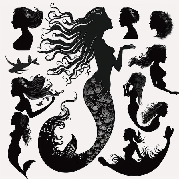 eine Gruppe von Meerjungfrauen Silhouetten mit langen Haaren und Blumen generative ai