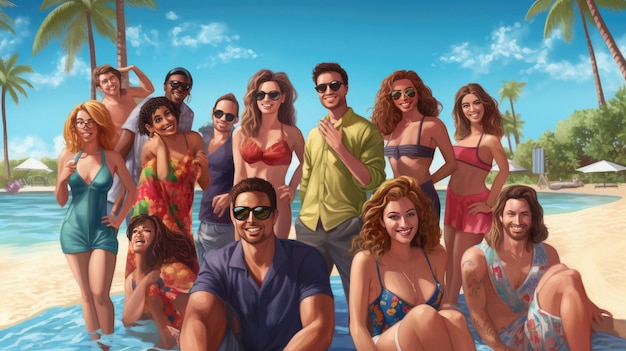 Eine Gruppe von Menschen am Strand mit der Sonne im Hintergrund.