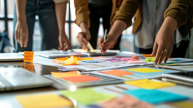 Foto eine gruppe von menschen arbeitet zusammen an einem projekt. sie benutzen klebnoten, um ideen zu brainstormen und ihre gedanken zu organisieren.