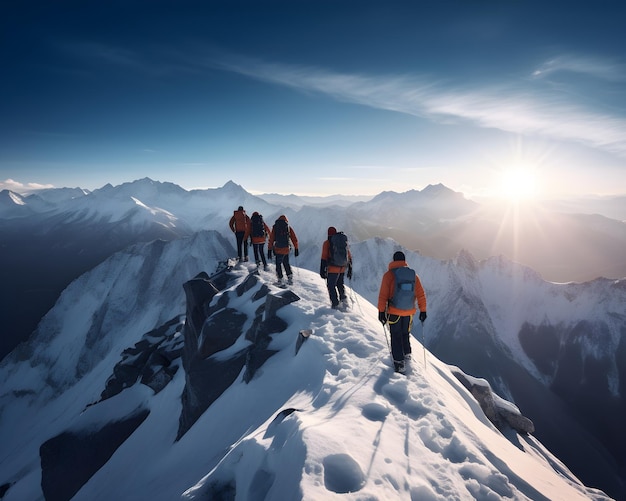 Eine Gruppe von Menschen auf einem Berggipfel, auf die die Sonne scheint