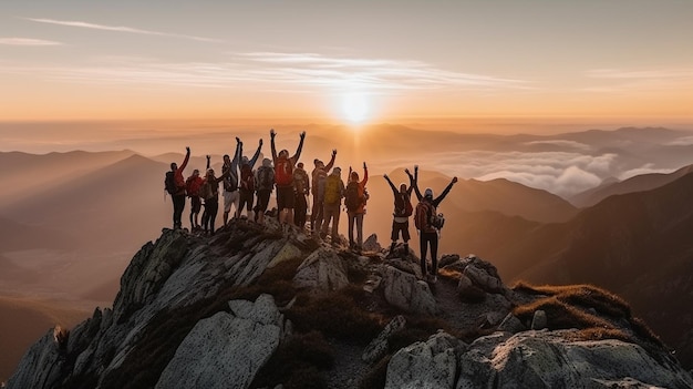 Eine Gruppe von Menschen auf einem Berggipfel, hinter ihnen die untergehende Sonne