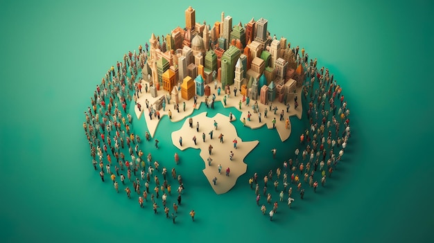 Eine Gruppe von Menschen auf einer Karte von Afrika mit einer Stadt im Hintergrund.