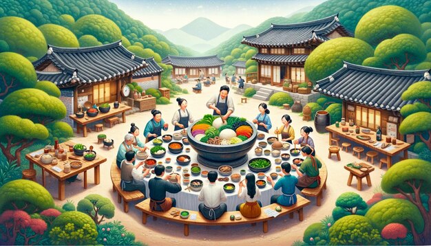 Foto eine gruppe von menschen bei einem bibimbap-kochkurs in einem traditionellen koreanischen dorf