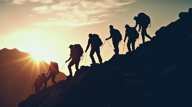 Eine Gruppe von Menschen beim Bergsteigen hilft bei der Teamarbeit
