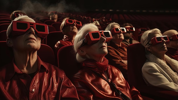 Eine Gruppe von Menschen, die 3D-Filme im Stil dramatischer Pracht tragen