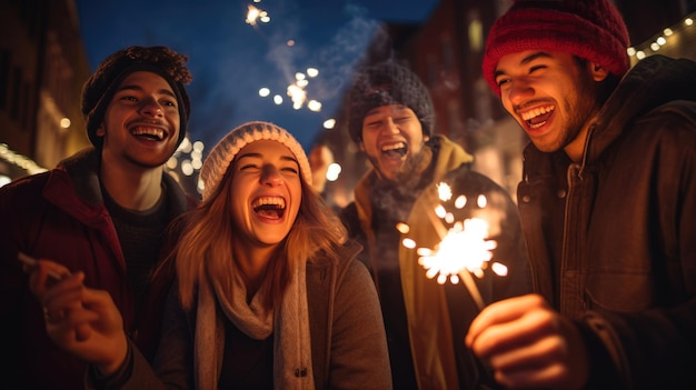 Eine Gruppe von Menschen, die abends draußen eine Geburtstagsfeier feiern. Erstellt mit generativer KI-Technologie