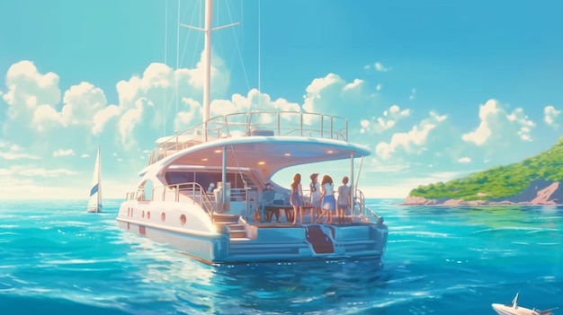 Eine Gruppe von Menschen, die an einem Sommertag auf einer Yacht reisen