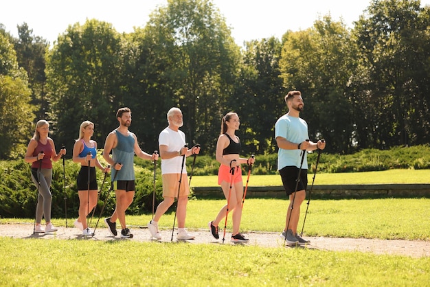 Foto eine gruppe von menschen, die an einem sonnigen tag mit stöcken im park nordic walking üben