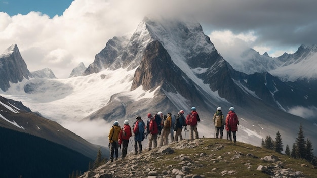 eine Gruppe von Menschen, die auf einem Berg stehen, mit einem Berg im Hintergrund.