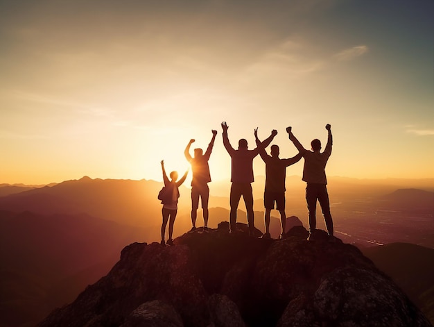 eine Gruppe von Menschen, die auf einem Berg stehen und die Sonne im Rücken haben