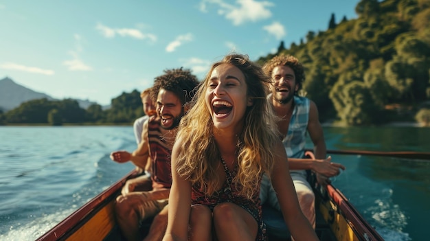 Eine Gruppe von Menschen, die auf einem Boot sitzen