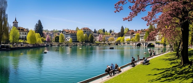 Foto eine gruppe von menschen, die auf einer bank neben einem fluss sitzen