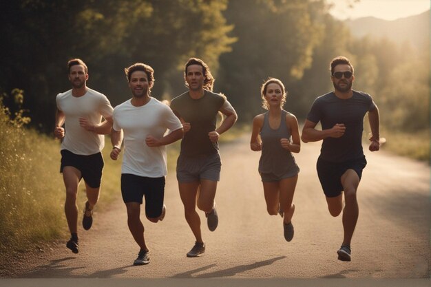 eine Gruppe von Menschen, die auf einer Straße mit der Sonne hinter sich laufen