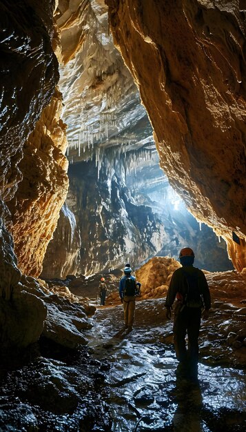 eine Gruppe von Menschen, die durch eine Höhle laufen