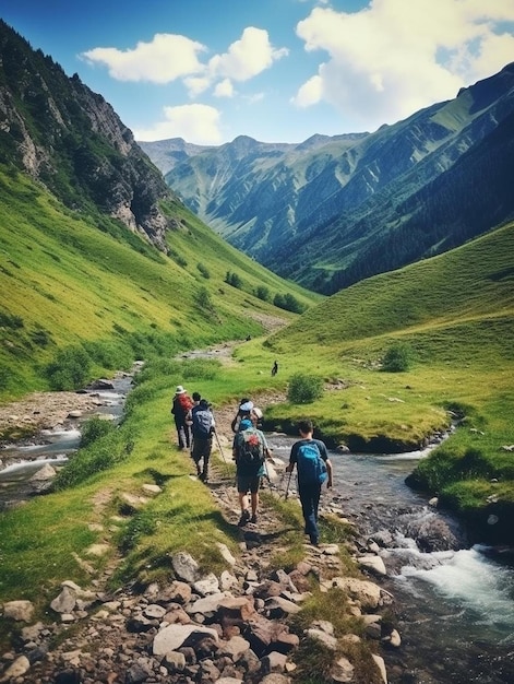 eine Gruppe von Menschen, die einen Berg mit Bergen im Hintergrund hinunterlaufen