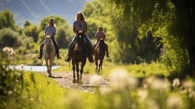 Eine Gruppe von Menschen, die freudig auf majestätischen Pferden reiten