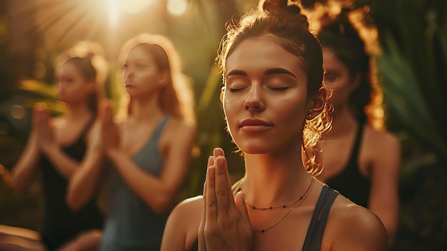 eine Gruppe von Menschen, die in der Natur Yoga machen, eine Zeit der Yoga in der Natur, Leute, die sich in der Natur entspannen