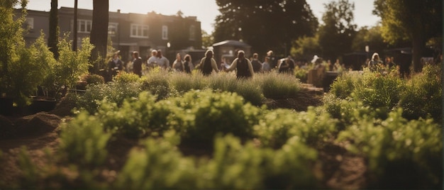eine Gruppe von Menschen, die in einem Garten mit einem Haus im Hintergrund spazieren gehen.
