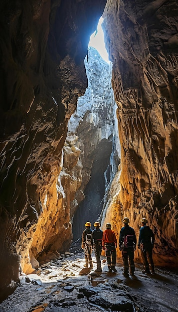 eine Gruppe von Menschen, die in einer Höhle stehen