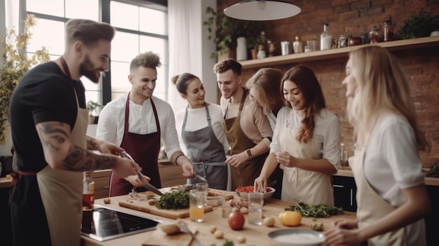 Foto eine gruppe von menschen, die in einer küche kochen