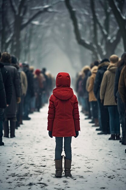 Foto eine gruppe von menschen, die in einer reihe stehen, ein junge in der mitte mit einem roten mantel