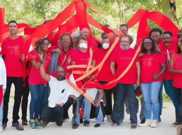 Eine Gruppe von Menschen, die jeweils ein rotes Band tragen und im Kreis stehen, symbolisieren die Solidarität